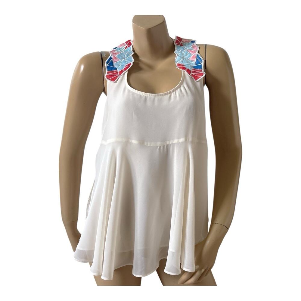 BCBGeneration Babydoll Tank Top Womens Medium Sleeveless White Mosaic Applique